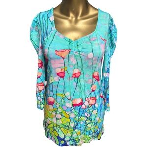 Vibrant Floral Long Sleeve Top - Blue and Pink